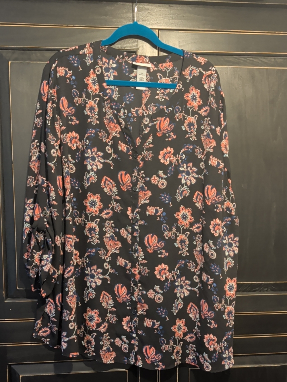 Catherines Black Button-Front Blouse with Black & Pink Floral Print